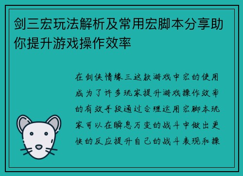 剑三宏玩法解析及常用宏脚本分享助你提升游戏操作效率